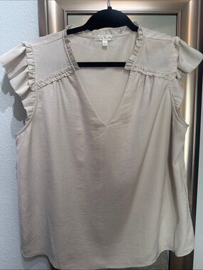 nine britton Soft Cream Ruffle-Trim V-Neck Top